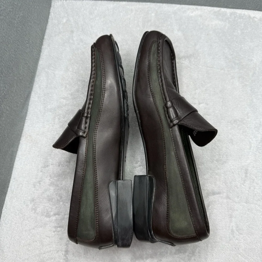 Bally Rumo Mens 9.5 Brown Green Leather Penny Loafers Made Italy Dress Shoes